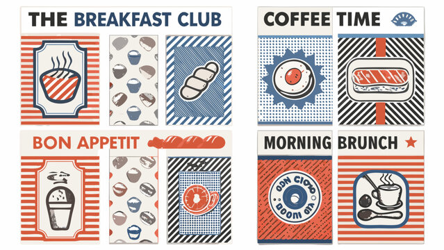 Retro breakfast menu cards featuring stylized food illustrations in a vector graphic style vintage illustration design coffee