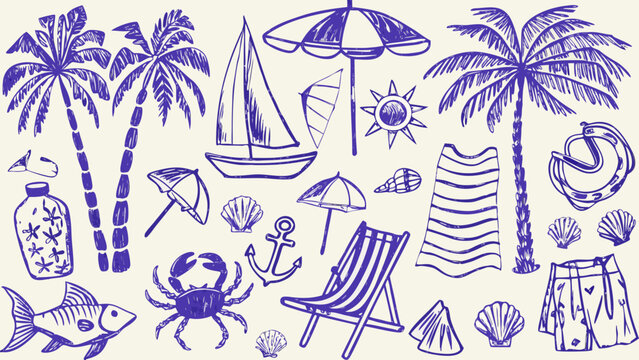 Monochromatic Blue Sketch Of Tropical Beach Elements Including Palm Trees Boats And Seashells beachcombing blue toned coastal crab