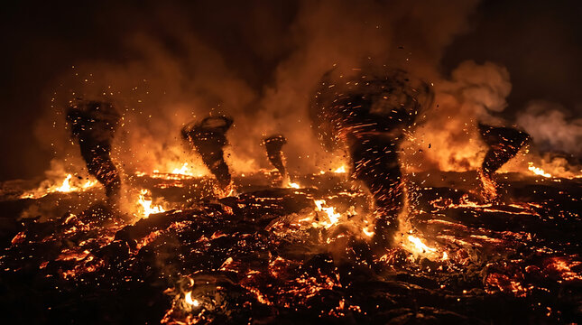 Ethereal Fire Tornados Swirling Over Volcanic Magma Landscape During Intense Night Eruption