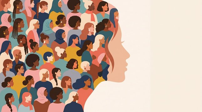 Diverse group of women forming a large silhouette representing global unity with emphasizing themes inclusivity