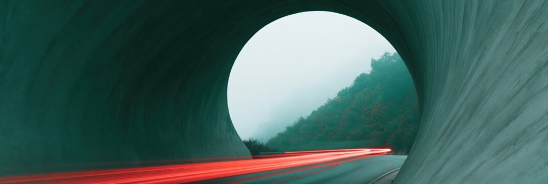 Concrete tunnel road with circular opening and red light trails for panoramic background and banner design with dramatic perspective