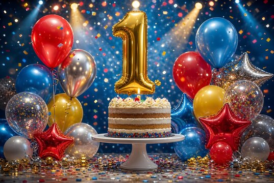 Birthday cake with gold number one balloon and colorful balloons