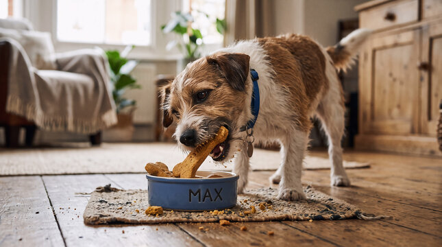 Dog eating from blue bowl in cozy home interior with natural light
