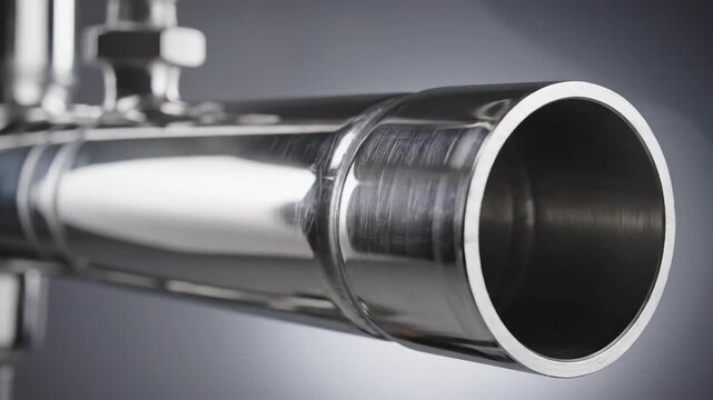 Close up of a polished chrome pipe with a hollow opening. Industrial plumbing and gas line infrastructure. Metallic construction material