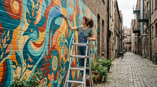 Female mural artist paints a colorful brick wall from a ladder in a narrow urban alley, useful for creativity, street art, and community culture campaigns.