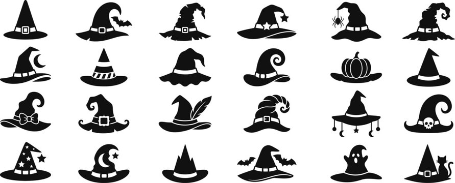 Halloween Witch Hat Silhouette Vector Set for Spooky Party Icons