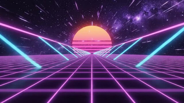Retro synthwave landscape with purple neon grid floor and glowing sun under starry night sky