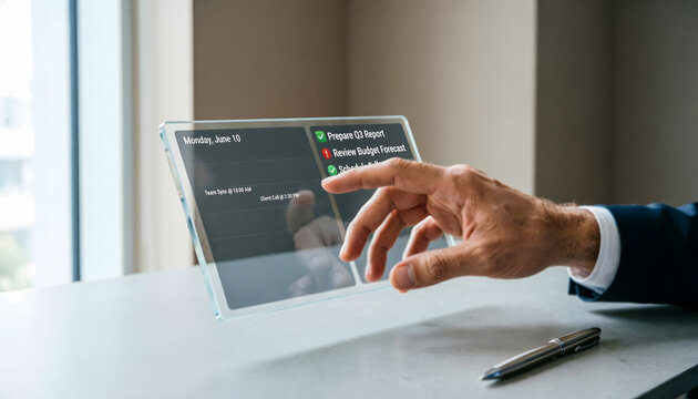 A businessman's hand interacting with a clean, user-friendly AI platform that organizes his schedule.
