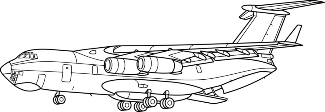 Line Art Illustration of a Large Cargo Airplane with Four Engines on White Background