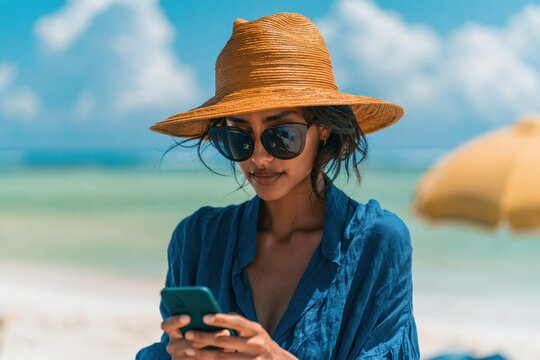 Woman wearing a wide brim straw hat and sunglasses checking her phone at the beach for summer travel background and social banner