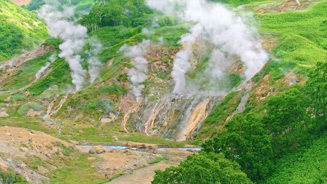 Steam rising from fumaroles and geysers in a lush green valley with a geothermal river
