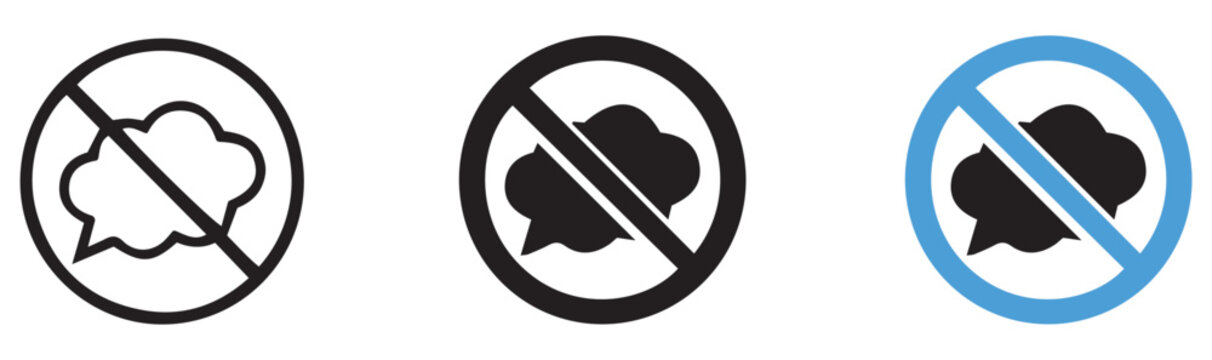 Three different vector graphic icons showing a forbidden speech bubble symbol on a white background