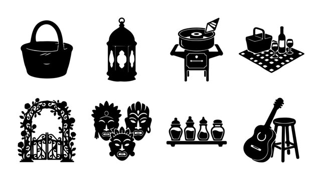 Picnic Icons, Festival Masks, Guitar Set, Garden Arch: Vector Graphics Collection