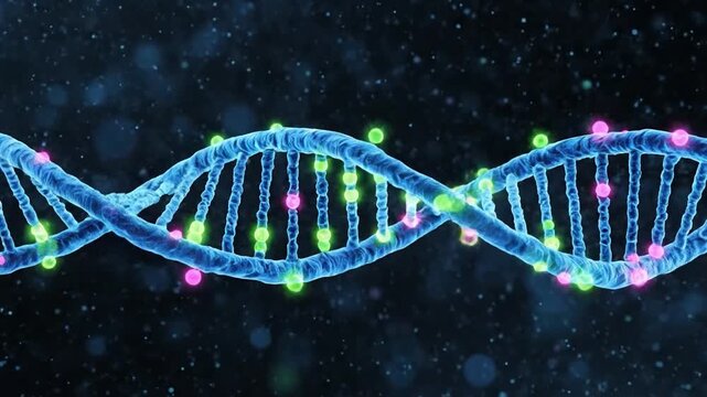 Rotating blue DNA helix with glowing markers for epigenetic gene regulation and research