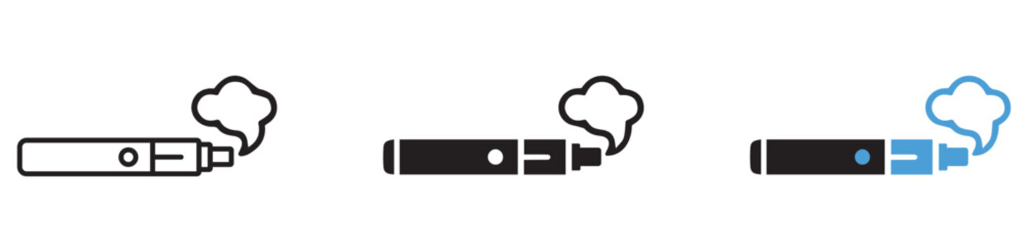 Minimalist vector illustration set showing electronic cigarettes with smoke clouds in black and blue colors