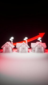 Three Miniature 3D Houses with Curved Glowing Red Upward Arrow