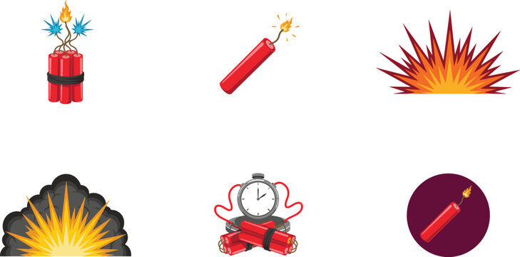 Dynamite and explosion vector icon set featuring lit red tnt sticks time bomb with clock and colorful comic style blast fire effects for games