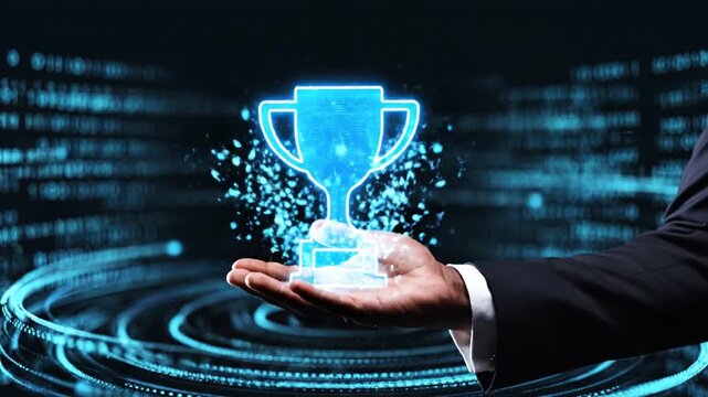 Hand reaching for glowing trophy icon representing digital achievement.