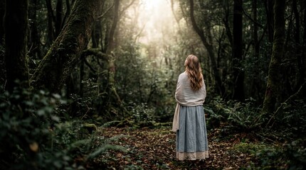Naklejka premium Female Figure in Dark Forest Gazing Upward – Ethereal Nature Exploration Concept