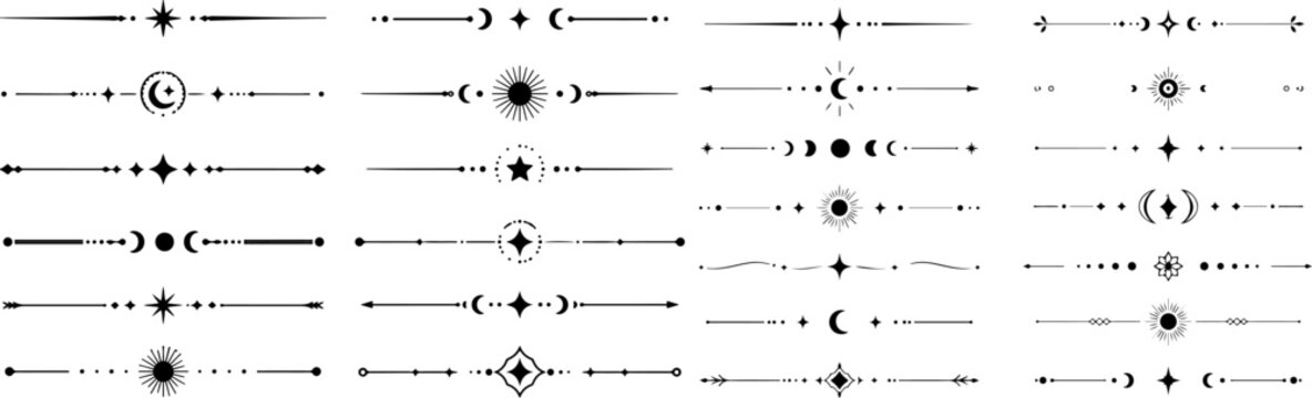 Celestial decorative divider line set with mystical astrology-inspired borders. Elegant crescent moon, stars, and sun symbols for esoteric, spiritual, and magical design projects. eps