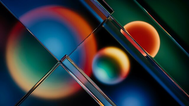 Multicolor spheres and geometric glass prisms composition with abstract