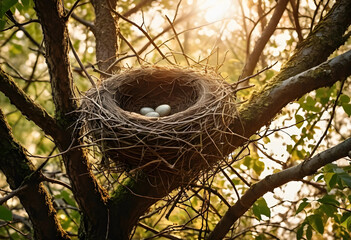 Fototapeta premium bird nest with eggs in tree branches at golden hour