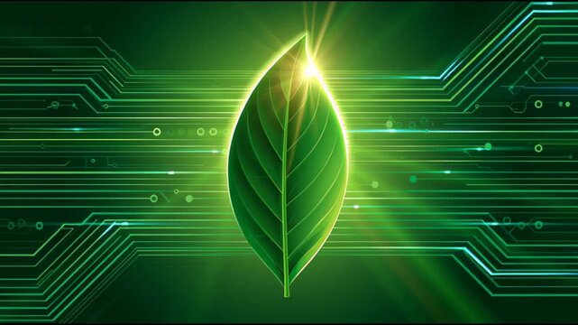 Glowing green leaf on circuit board, green technology and ecology concept, green technology and ecology concept