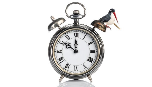 A vintage, silver alarm clock with Roman numerals sits on a white background, a small bird perches upon it