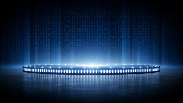 Glowing blue podium stage with light, futuristic product display background, abstract motion background for modern