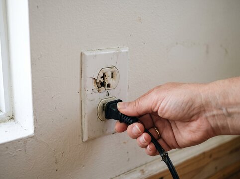 Hand plugging in a power cord to a damaged electrical outlet