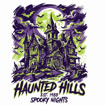 Spooky haunted house illustration with full moon, bats, and cemetery in purple and green hard brush stroke art.