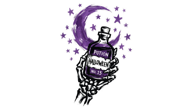 A hand-drawn illustration depicts a bony skeleton hand holding a glass bottle labeled Halloween potion against a purple crescent moon and a cluster of stars