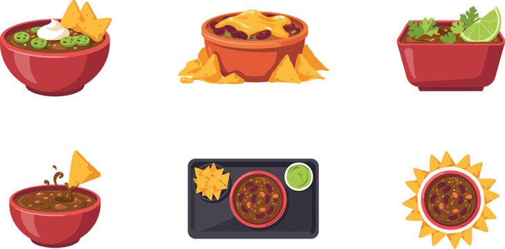 Mexican chili con carne vector illustration set featuring spicy bean dip bowls topped with melted cheese sour cream jalapenos lime and crunchy tortilla chips