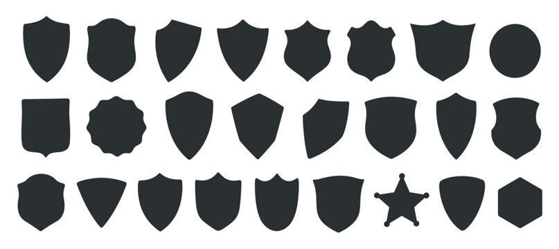 Large collection of black shield silhouettes in various shapes, including heraldic crests, badges, and a sheriff star, presented as a minimalist graphic icon set