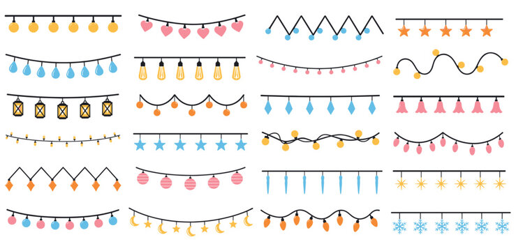 Large collection of colorful string lights and festive garlands featuring various bulb shapes like stars, hearts, snowflakes, and lanterns for holiday and party decoration