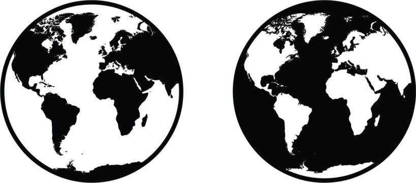 World globe map silhouette icons, black earth vector illustration for global navigation, geography education and international concepts