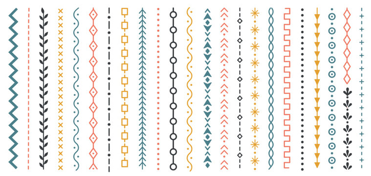 Collection of colorful hand-drawn decorative line borders and dividers in an ethnic style, featuring geometric and organic patterns like zigzags, arrows, waves, and leaves
