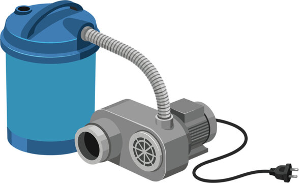 Isometric portable water pump with filter tank, industrial vector illustration for fluid transfer, irrigation and drainage equipment