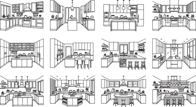 Set of twelve kitchen interior line art sketches showing various modern home cooking room layouts and designs