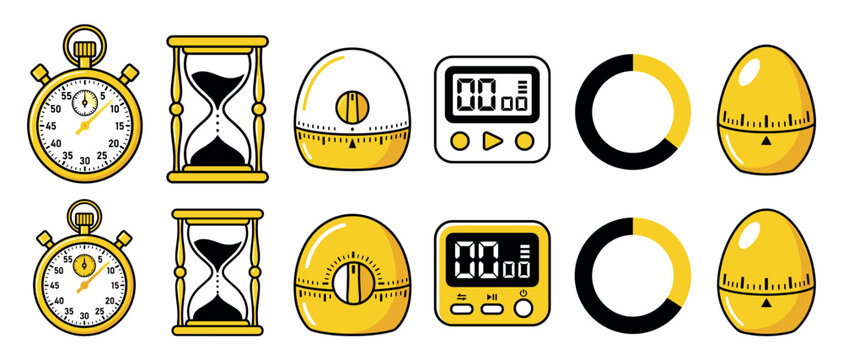Set of various timer and clock icons including a stopwatch, hourglass, digital display, and mechanical kitchen timers in a yellow and black cartoon vector illustration style