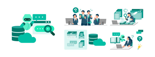 A comprehensive business set showcasing corporate information struggles like data silos alongside modern RAG search solutions with chatbot assistance for optimal enterprise workflow efficiency © SHIROKUMA-DESIGN
