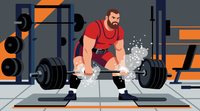 Focused powerlifter grips a heavily loaded barbell for a massive deadlift in a gym, chalk dust exploding around his hands, capturing strength, discipline, intensity, and athletic determination
