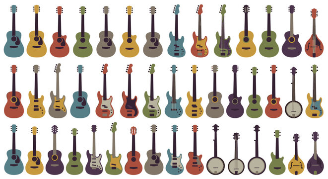 Large collection of colorful guitars and stringed instruments arranged in neat rows, including acoustic, electric, bass, banjo, and mandolin designs in a flat, retro style