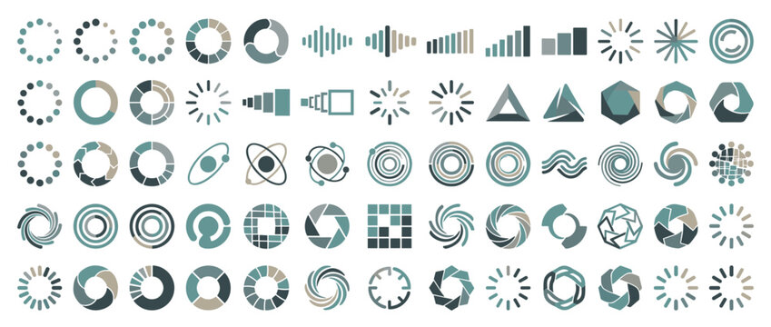 Large set of modern loading icons and progress indicators in various geometric shapes, including spinners, circles, and bars, rendered in a muted teal and grey color palette