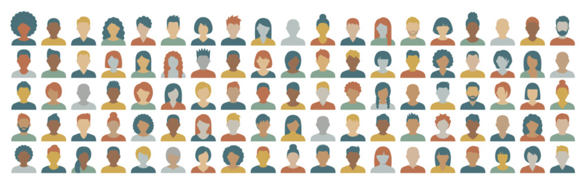 Diverse collection of faceless human avatars representing a multicultural community in a flat design icon set for social media profiles, teamwork, and demographic concepts