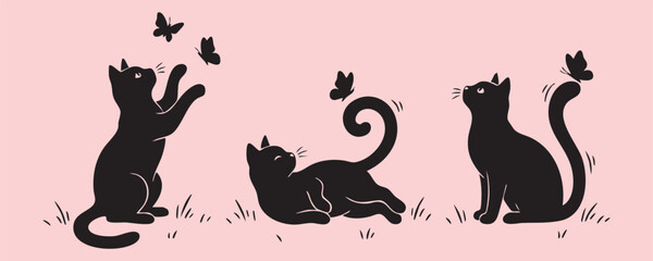 Black Cat Silhouettes Playing With Butterflies On Transparent Background © Mst. Suborna Khatun