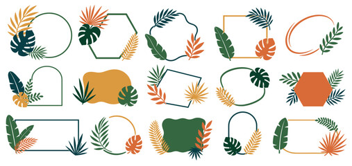 Obraz premium Collection of tropical leaf frames in various geometric and organic shapes, decorated with monstera and palm leaves in a modern, earthy color palette for stylish design