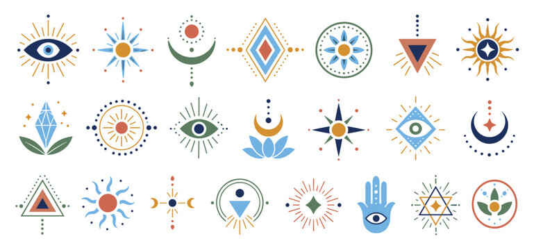 Collection of colorful mystical symbols including the evil eye, sun, moon, and hamsa hand in a modern flat design style for spiritual and esoteric concepts