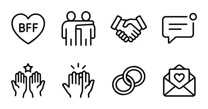 Friendship Icons Set: BFF Heart, Couple Hug, Handshake, Message, Applause, Rings, Love Letter