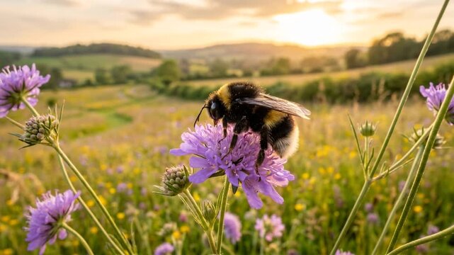 barbut cuckoo bumblebee on wildflower in alpine meadow golden light close up video
